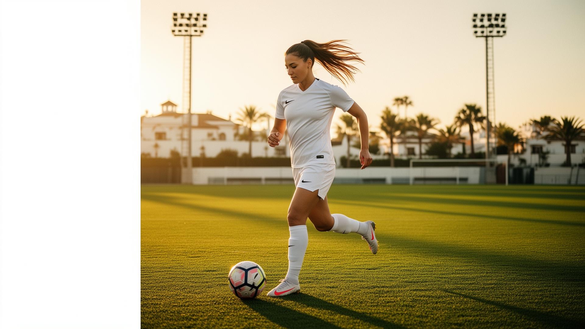 Female footballer training at golden hour on a Mediterranean pitch in Marbella